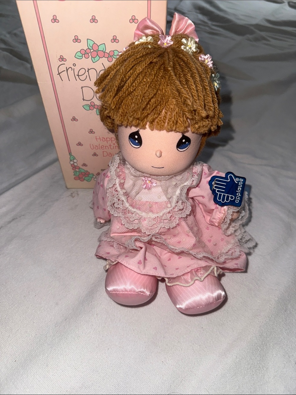 Precious Moments Pink Lace Baby Doll with Brown Yarn Hair